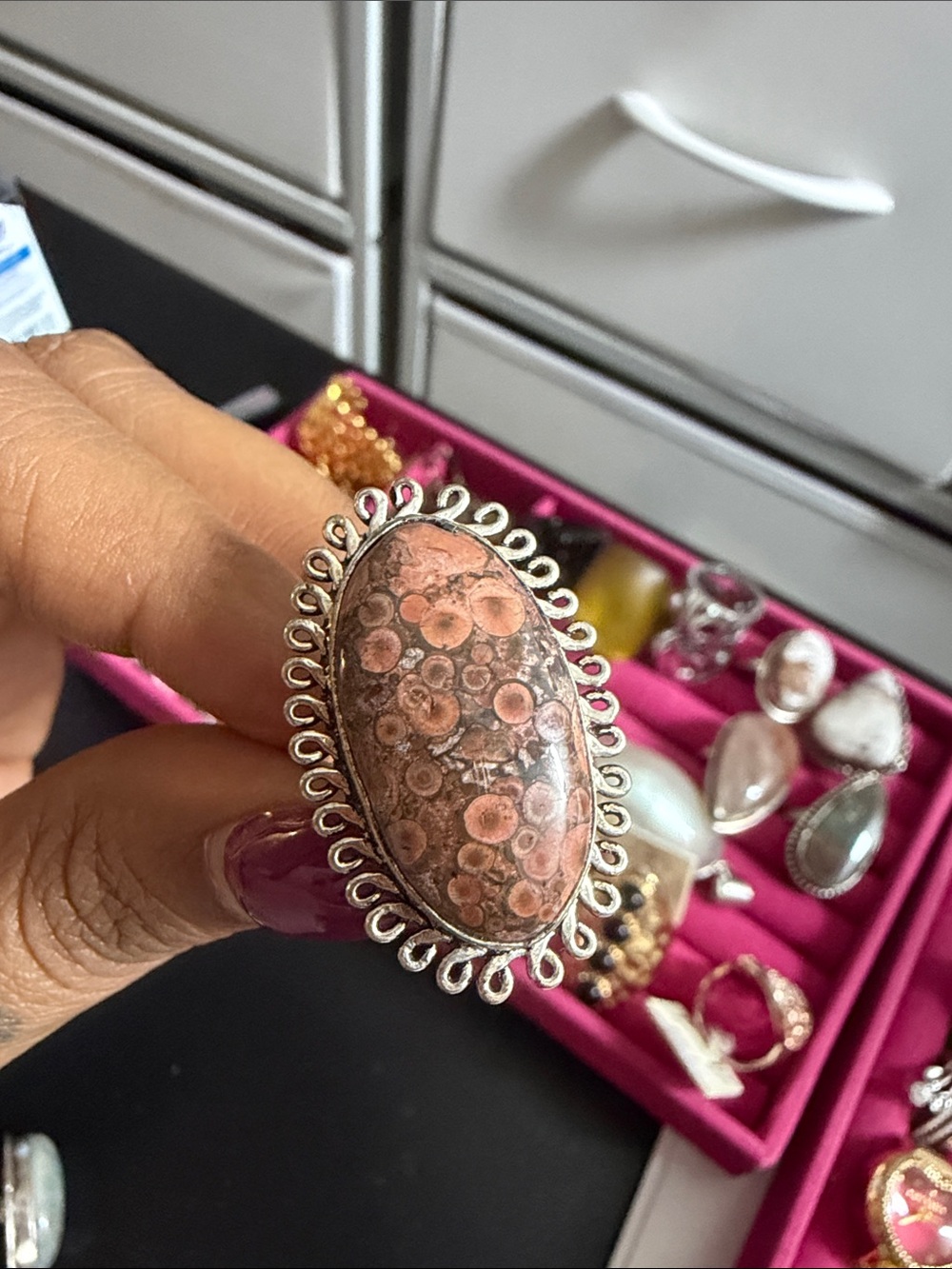 925 Sterling Silver Pink Jasper Statement Ring - Elegant Pink Cabochon